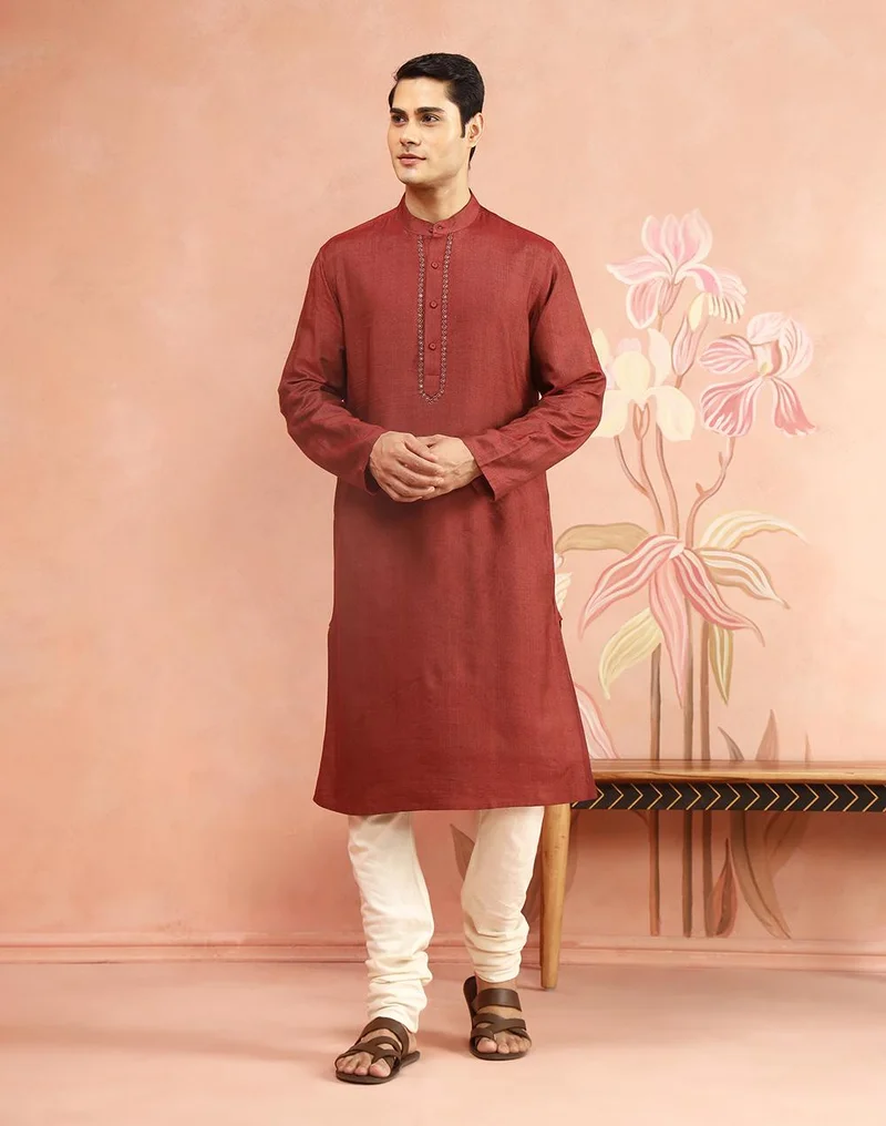 فاب انديا Maroon Viscose Silk Hand Embroidered Slim Fit Long Kurta