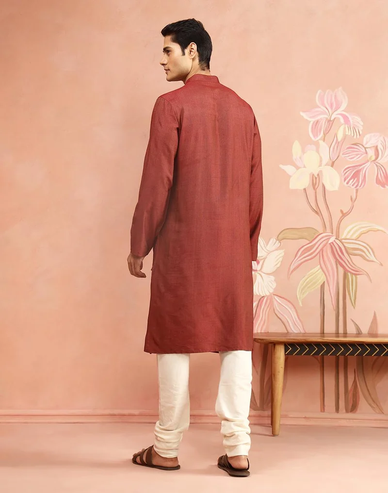 Fabindia  Maroon Viscose Silk Hand Embroidered Slim Fit Long Kurta for Men | Best Price UAE