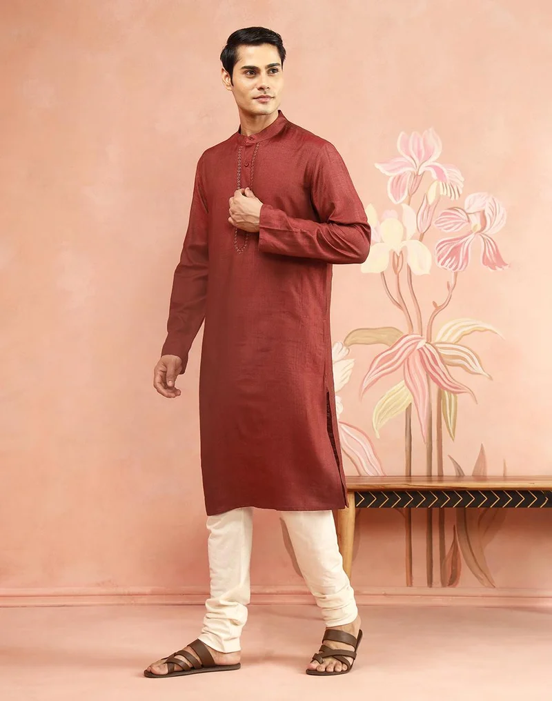 Fabindia  Maroon Viscose Silk Hand Embroidered Slim Fit Long Kurta for Men | Best Price UAE