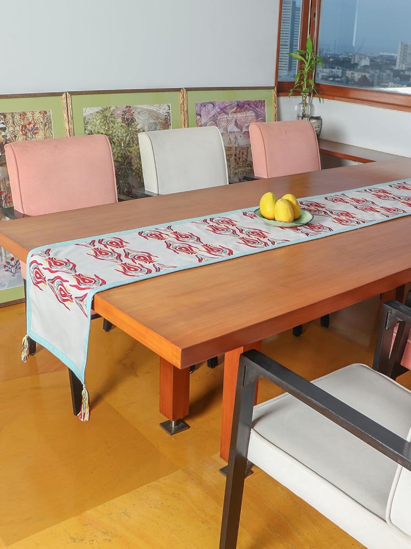 Zeba World Hand Embroidered Table Runner with Patchwork Edge & Tassels | Premium Cotton in Beige & Teal | Decorative Runner for 4/6 Seater Dining Table – 30 cm x 210 cm (12 in x 84 in) - Image 1