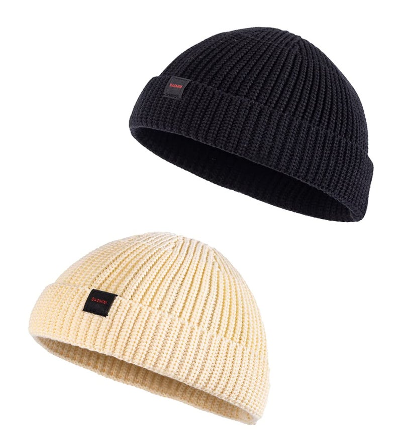 DASMINI Fisherman Beanie,Skull Cap Mens Cotton Beanie Winter hat Small Short Warm Gift (Black+Cream, Size M) - Image 1