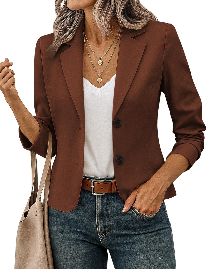 FOLUNSI Women's Business Casual Cropped Blazer Lapel Collar Long Sleeve Work Office Suit Jacket with Fully Lined Brown, Medium - Image 1