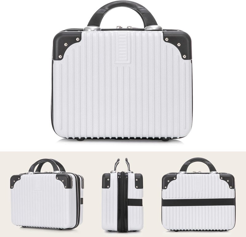 SUNBEET Pvc Portable Hard Shell Cosmetic Travel Case, Small Travel Hand Luggage with Elastic Band, Mini ABS Carrying Makeup Case Suitcase (Black & White) - Image 3