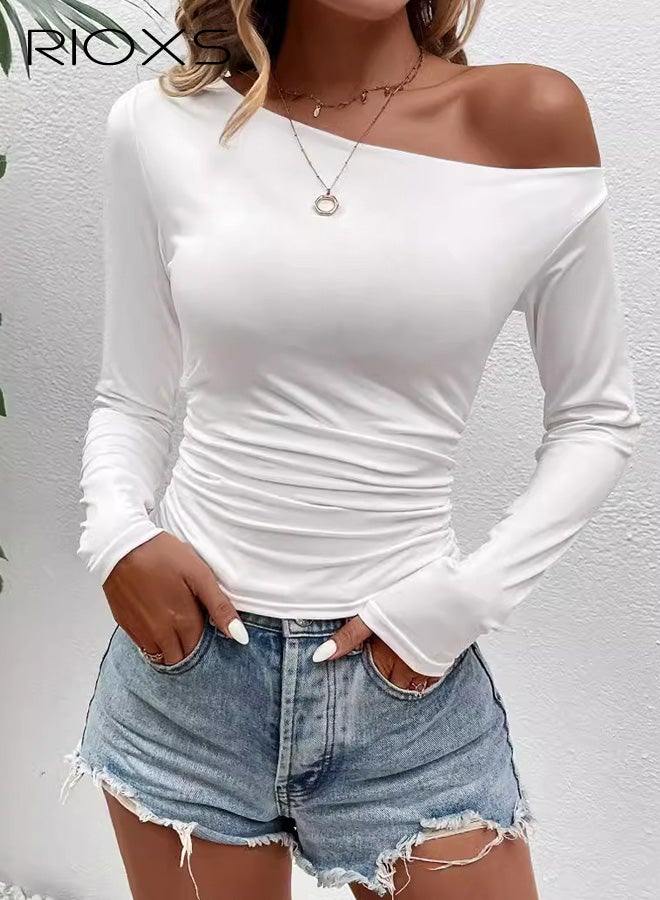 RIOXS Womens Off Shoulder Tops, Casual Long Sleeve Assymmetrical Neck T Shirts, Slim Fit Ruched Going Out Blouse Casual Crop Tees for Casual Yoga Daily Wear - Image 1