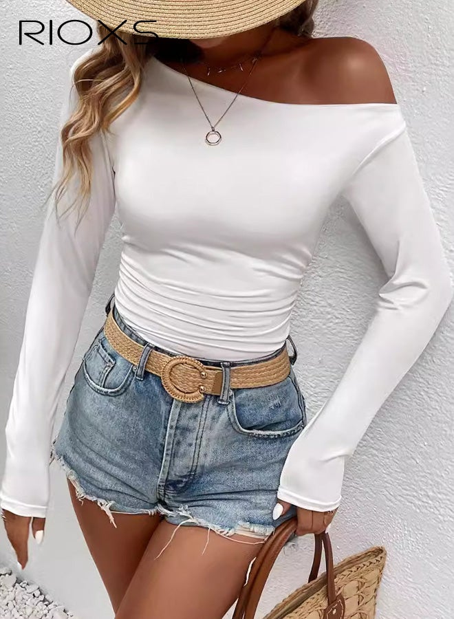 RIOXS Womens Off Shoulder Tops, Casual Long Sleeve Assymmetrical Neck T Shirts, Slim Fit Ruched Going Out Blouse Casual Crop Tees for Casual Yoga Daily Wear - Image 2