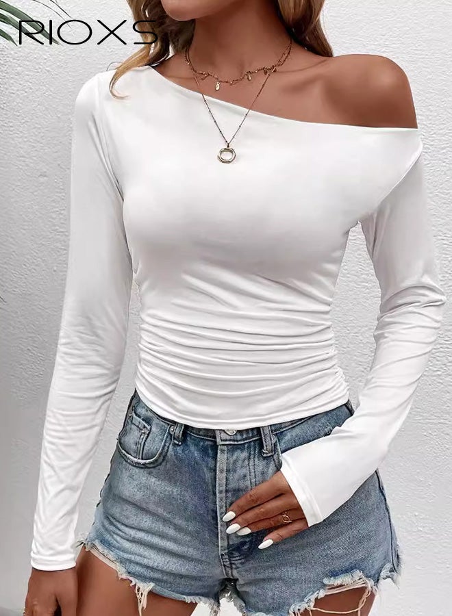 RIOXS Womens Off Shoulder Tops, Casual Long Sleeve Assymmetrical Neck T Shirts, Slim Fit Ruched Going Out Blouse Casual Crop Tees for Casual Yoga Daily Wear - Image 4