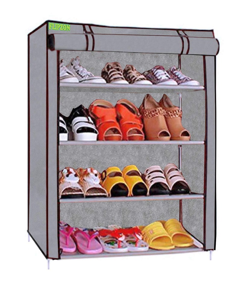 FLIPZON Multipurpose 4-Tiers Shoe Rack with Dustproof Zip Cover, Multiuse Wide Space Storage Rack made by Non Woven Fabric for footwear, Toys, clothes (4 Shelves) (Grey) - Image 1