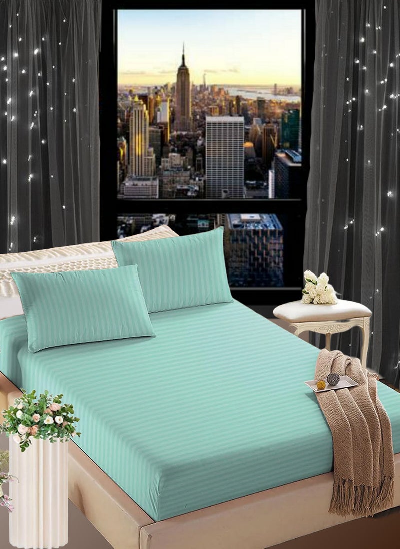 Blueberry Sky Blue Cotton King Striped Fitted Elastic Pack of 3 Bedsheet 200x200+35cm - Image 1