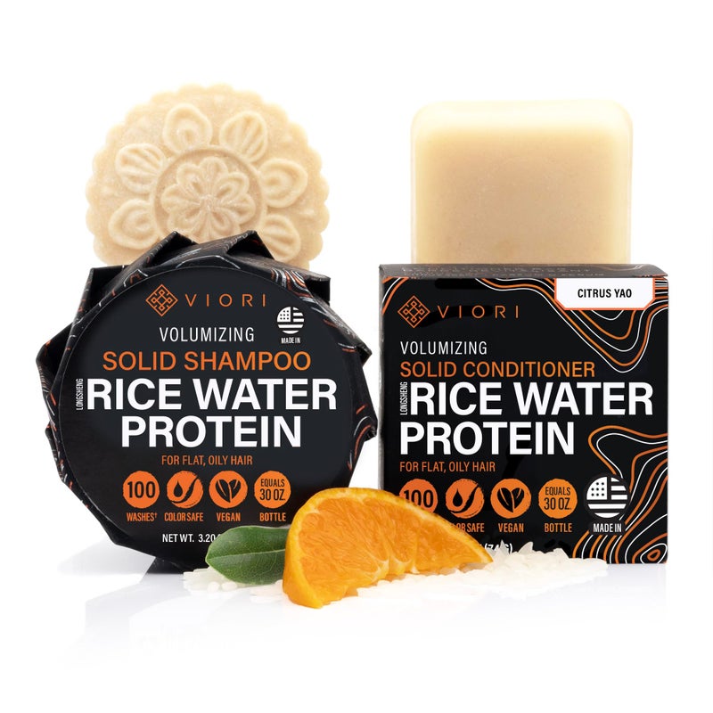 Viori Citrus Yao Shampoo and Conditioner Bar Set Made with Rice Water - Handcrafted Sulfate Free Shampoo and Conditioner - Image 1