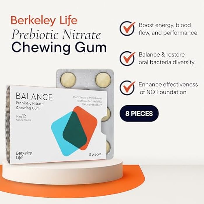 Berkeley Life Prebiotic Nitrate Mint Chewing Gum - Sugar-Free Chewing Gum Supports Nitric Oxide Production for Healthy Blood Pressure & Oral Microbiome Health - 8-Piece - Image 3