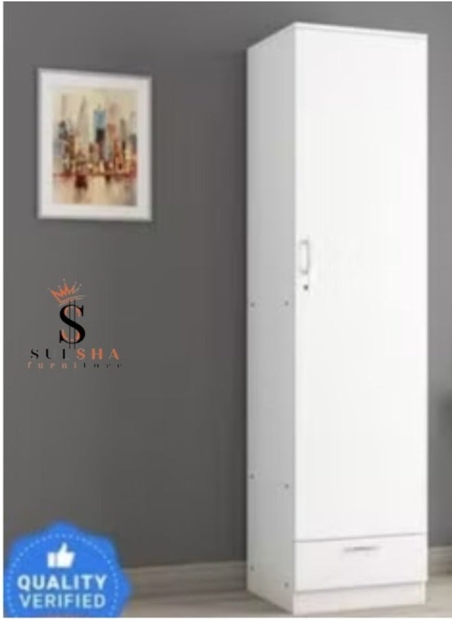 SULSHA 1 Door Wooden Wardrobe Cabinet Cupboard With Drawer Lock Keys White  - Image 1