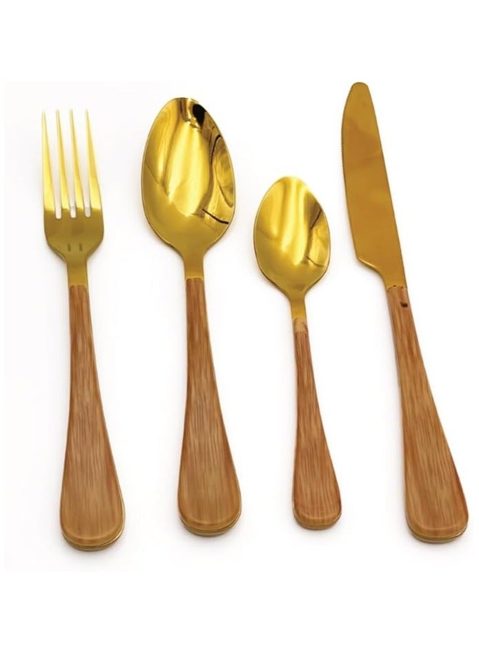 بيرام طقم أدوات مائدة بِرام جولد الممزوجة بالأخشاب – 4 قطع من أدوات المائدة الذهبية من الستانلس ستيل مع مقابض خشبية طبيعية – أدوات مائدة أنيقة للاستخدام اليومي - Image 1