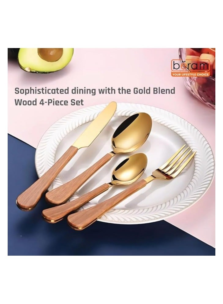 بيرام طقم أدوات مائدة بِرام جولد الممزوجة بالأخشاب – 4 قطع من أدوات المائدة الذهبية من الستانلس ستيل مع مقابض خشبية طبيعية – أدوات مائدة أنيقة للاستخدام اليومي - Image 2