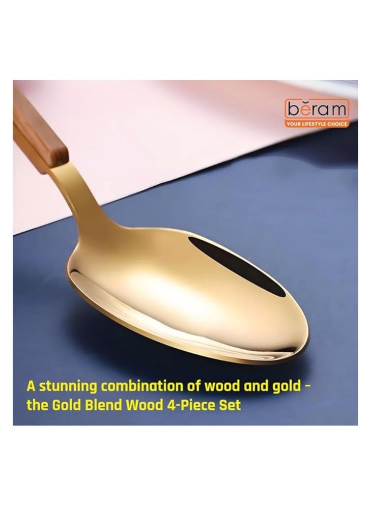 بيرام طقم أدوات مائدة بِرام جولد الممزوجة بالأخشاب – 4 قطع من أدوات المائدة الذهبية من الستانلس ستيل مع مقابض خشبية طبيعية – أدوات مائدة أنيقة للاستخدام اليومي - Image 3