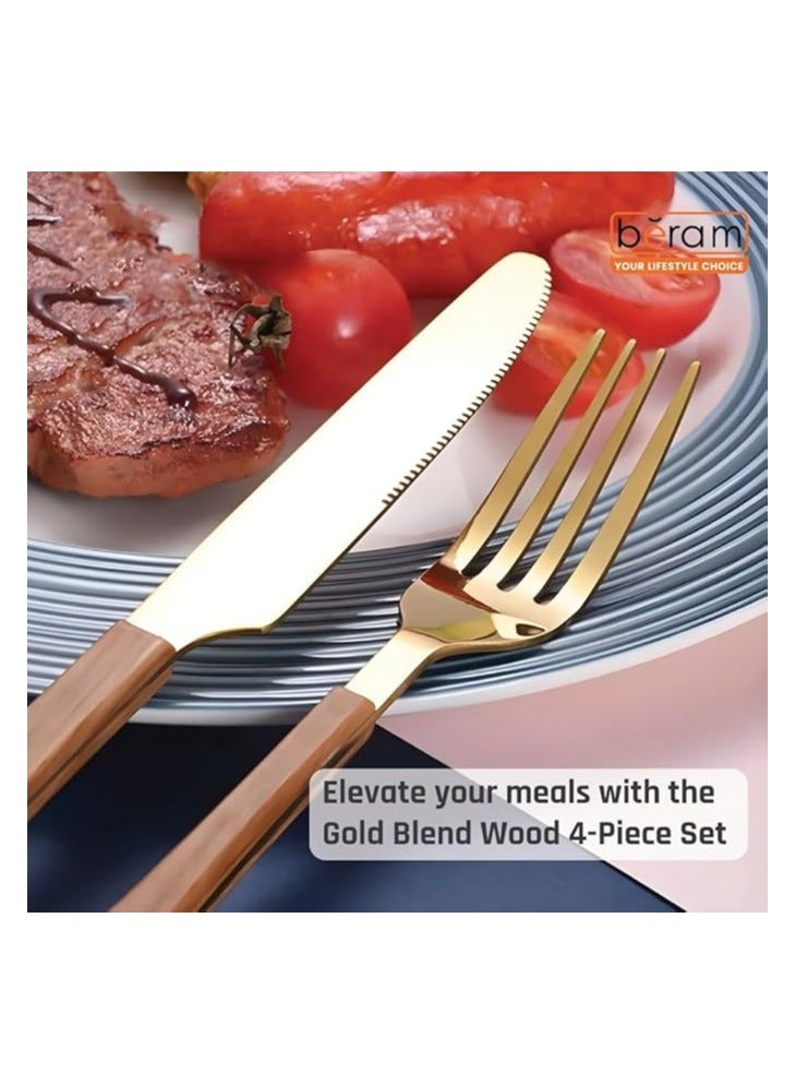 بيرام طقم أدوات مائدة بِرام جولد الممزوجة بالأخشاب – 4 قطع من أدوات المائدة الذهبية من الستانلس ستيل مع مقابض خشبية طبيعية – أدوات مائدة أنيقة للاستخدام اليومي - Image 4