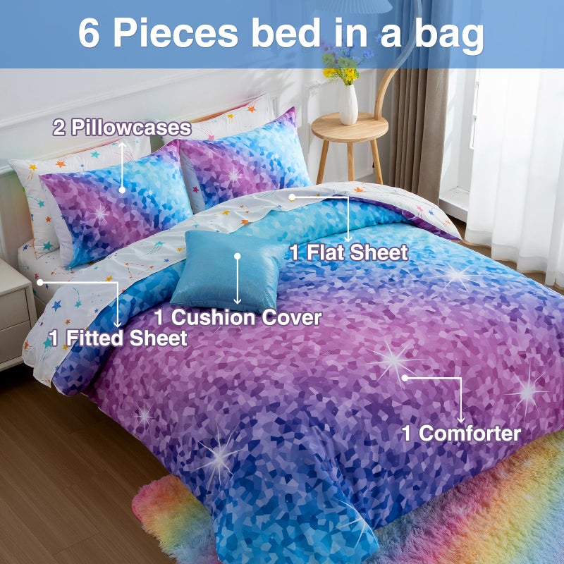 A Nice Night 6Pcs Gradient Abstract Art Grid Mosaic Geometric Bedding Set for Girls, Colorful Rainbow Galaxy Comforter Set, Ultra Soft Bedding Sets (PinkBlue,Full 6Pcs) - Image 3