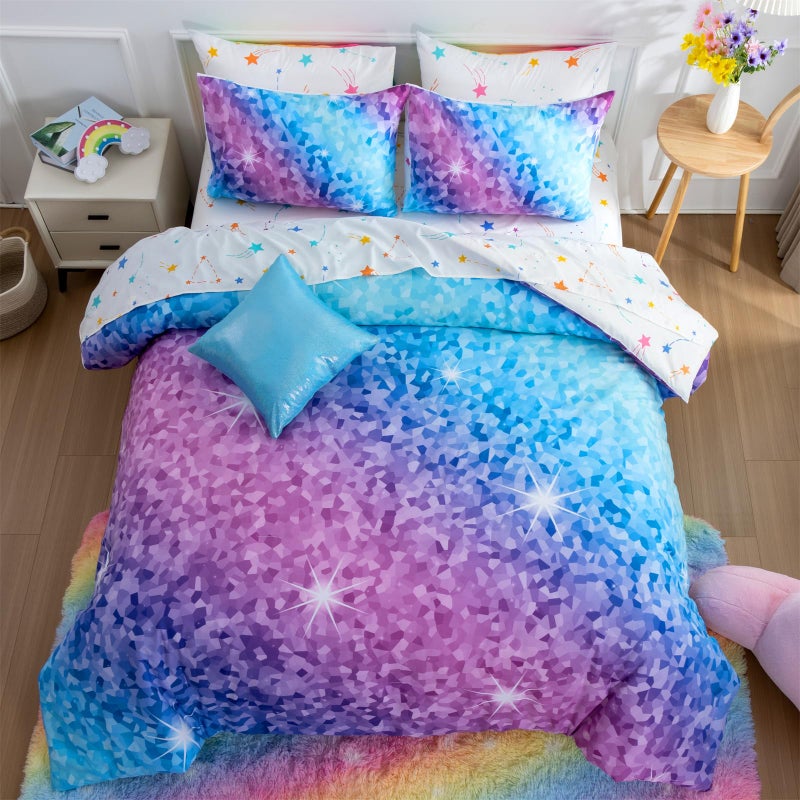 A Nice Night 6Pcs Gradient Abstract Art Grid Mosaic Geometric Bedding Set for Girls, Colorful Rainbow Galaxy Comforter Set, Ultra Soft Bedding Sets (PinkBlue,Full 6Pcs) - Image 1
