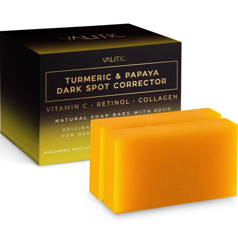VALITIC Papaya and Turmeric Kojic Acid Soap Bar - Dark Spot Corrector Skin Care Cleansing Bar - Infused with Vitamin C, Hyaluronic Acid, Collagen, Retinol, Olive Oil - 2 Pack - Image 1
