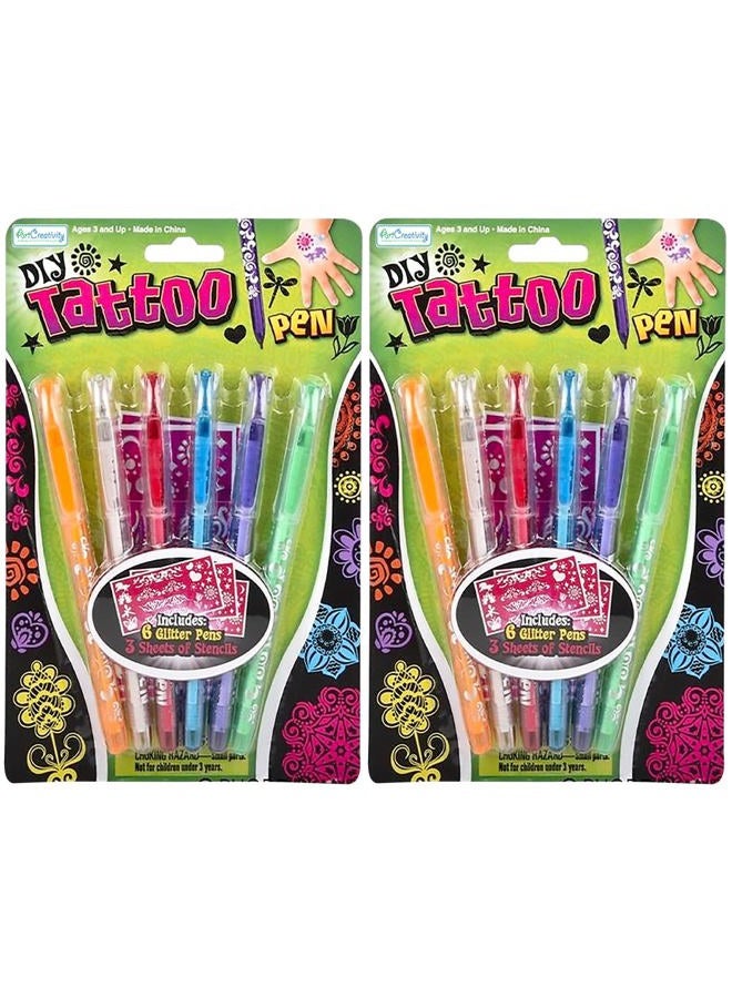 ArtCreativity Shimmery Temporary Tattoo Pens for Kids, 4 Pack, Each Pack with 6 Tattoo Markers & 3 Stencil Stickers, Washable Tattoo Body Ink, Sparkle Girls Fashion Activity, Sparkly Tats Body Art Set - Image 1