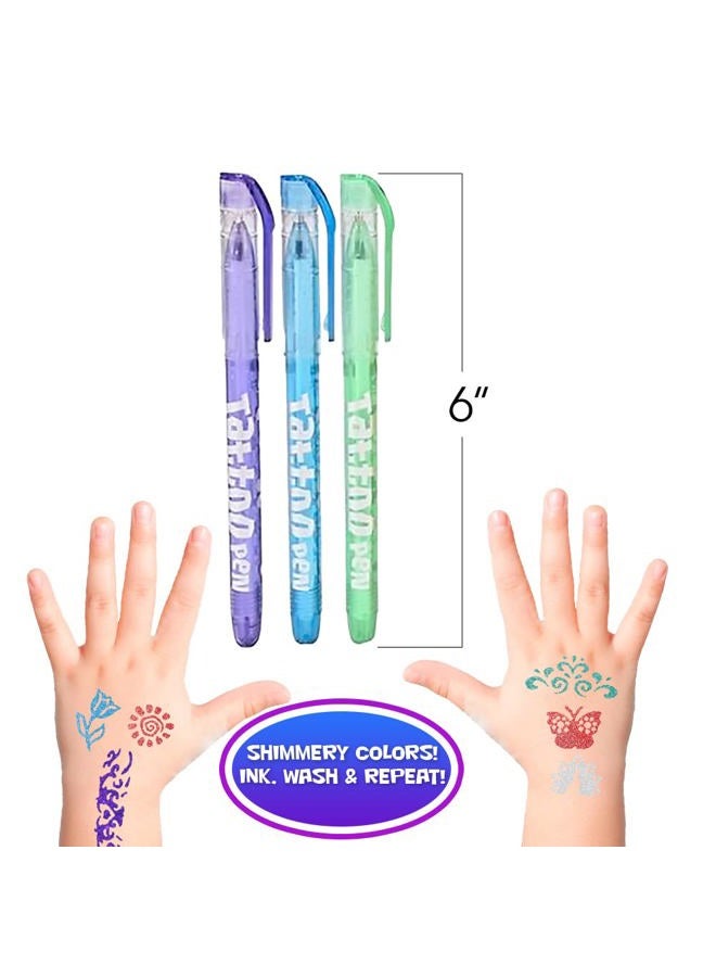 ArtCreativity Shimmery Temporary Tattoo Pens for Kids, 4 Pack, Each Pack with 6 Tattoo Markers & 3 Stencil Stickers, Washable Tattoo Body Ink, Sparkle Girls Fashion Activity, Sparkly Tats Body Art Set - Image 3