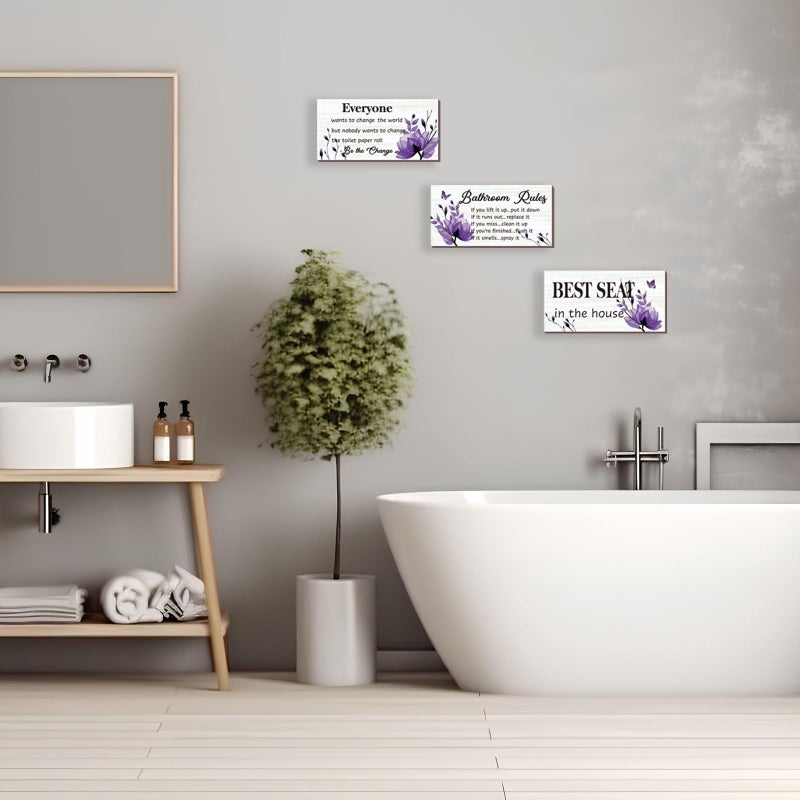 DONFENTHY 3 Pieces Purple Bathroom Decor Bathroom Rules Wall Art Purple Flower Bathroom Rules Sign Best Seat in The House Rustic Farmhouse Wooden Sign for Bathroom Toilet Wall Decor (Purple 10x5 Inch) - Image 5