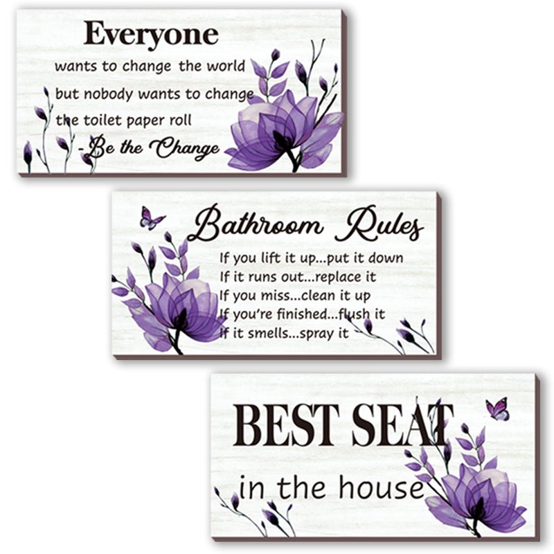 DONFENTHY 3 Pieces Purple Bathroom Decor Bathroom Rules Wall Art Purple Flower Bathroom Rules Sign Best Seat in The House Rustic Farmhouse Wooden Sign for Bathroom Toilet Wall Decor (Purple 10x5 Inch) - Image 1