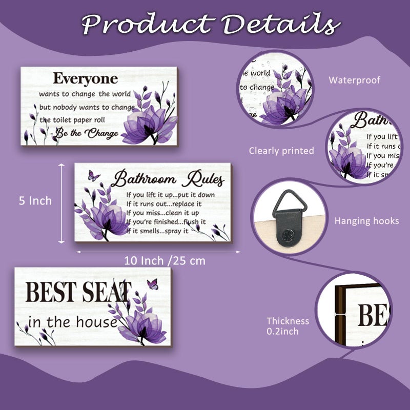 DONFENTHY 3 Pieces Purple Bathroom Decor Bathroom Rules Wall Art Purple Flower Bathroom Rules Sign Best Seat in The House Rustic Farmhouse Wooden Sign for Bathroom Toilet Wall Decor (Purple 10x5 Inch) - Image 3