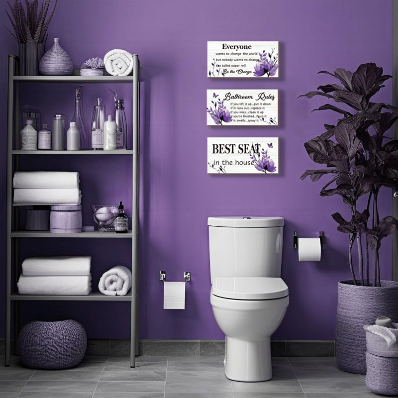 DONFENTHY 3 Pieces Purple Bathroom Decor Bathroom Rules Wall Art Purple Flower Bathroom Rules Sign Best Seat in The House Rustic Farmhouse Wooden Sign for Bathroom Toilet Wall Decor (Purple 10x5 Inch) - Image 2