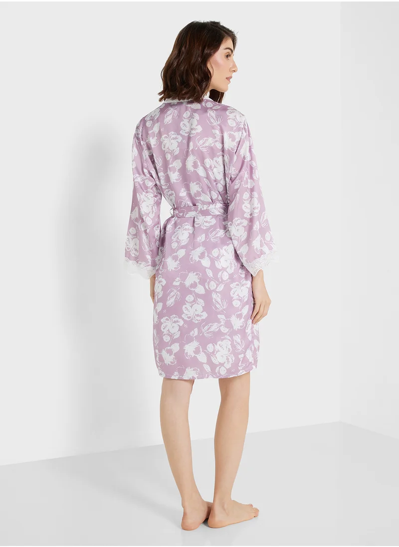 جينجر 2 Pc Lace Trim Floral Satin Robe With Slip Dress