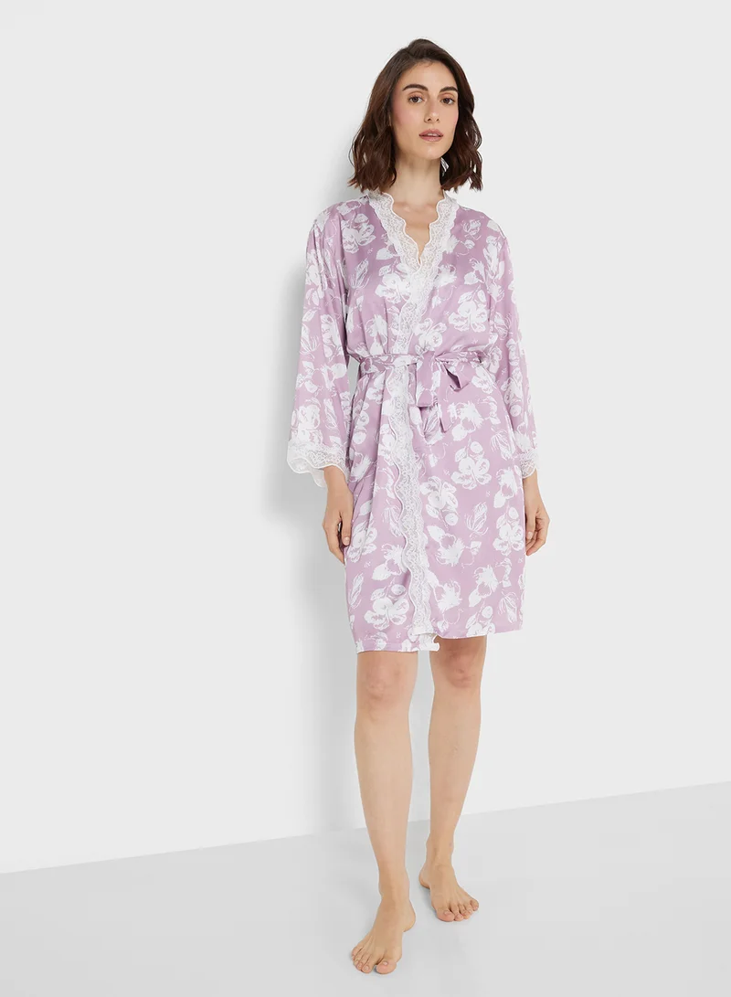 Ginger 2 Pc Lace Trim Floral Satin Robe With Slip Dress