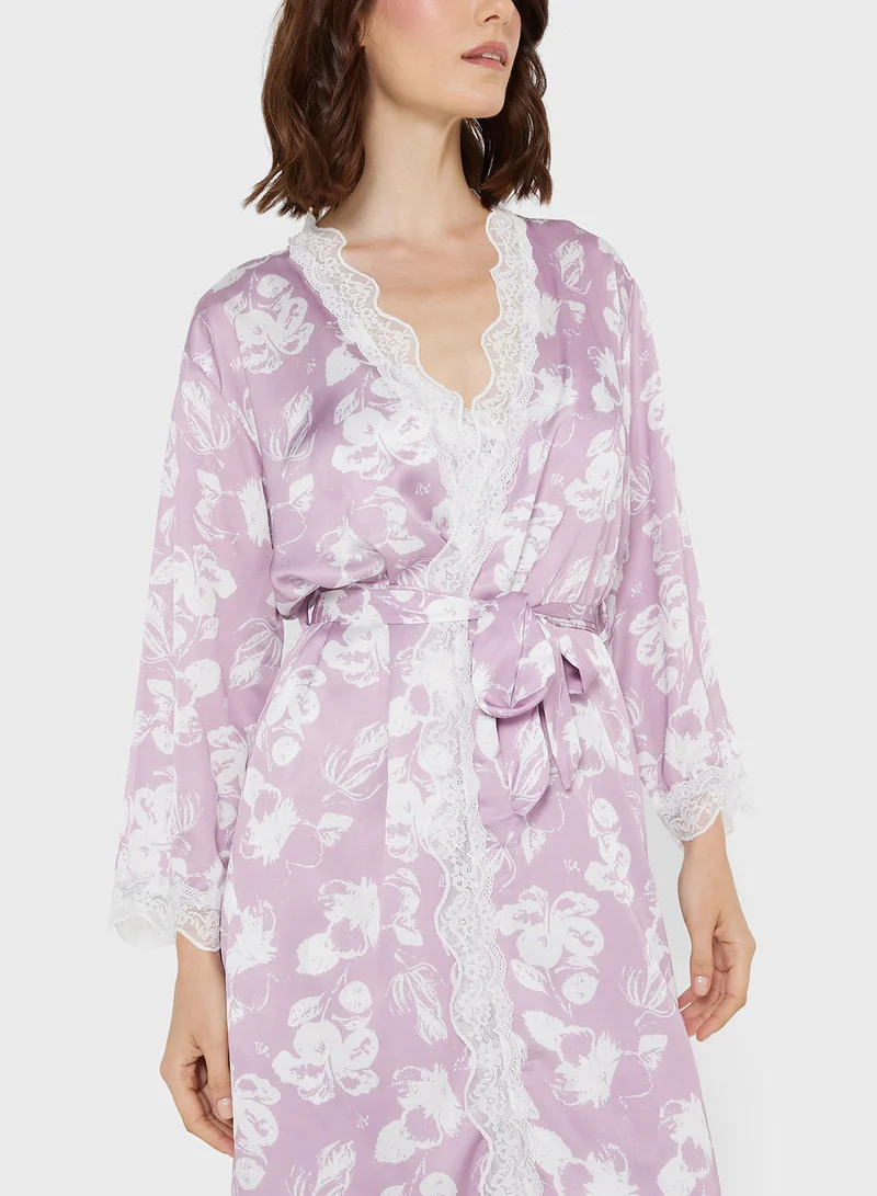 Ginger 2 Pc Lace Trim Floral Satin Robe With Slip Dress
