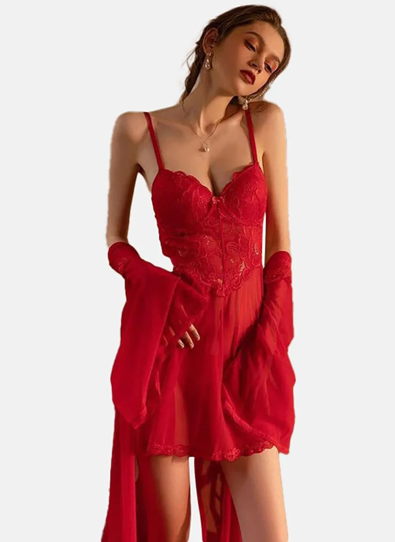 YUNIQEE Red Solid Babydoll with Robe