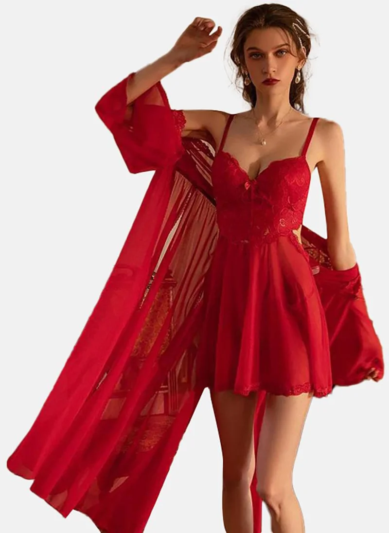 YUNIQEE Red Solid Babydoll with Robe