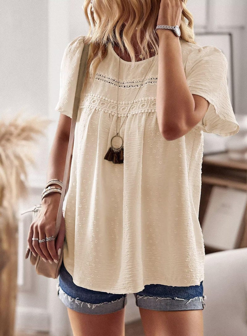 Falechay Womens Plus Size Tops Cute Swiss Dot Flowy Work Blouses for Women Boho Pullover Round Neck Tunic Short Sleeve Fall Apricot 2XL - Image 2