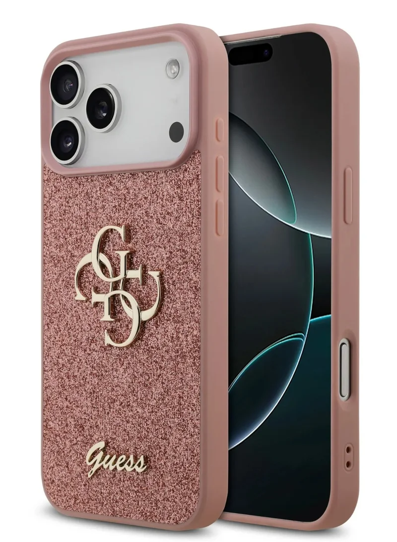 GUESS iPhone 17 Pro Case PU Glitter Cover With Big 4G Metal Logo - Pink