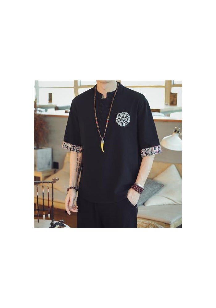 Summer Chinese Style Embroidered Short-sleeved T-shirt Men's 2023 New Arrival plus size Chubby Chaozhou Brand Loose Cotton Linen Top - Image 1
