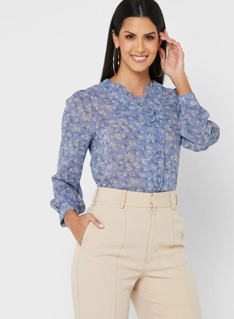 ELLA Ruffle Button Down Sheer Blouse