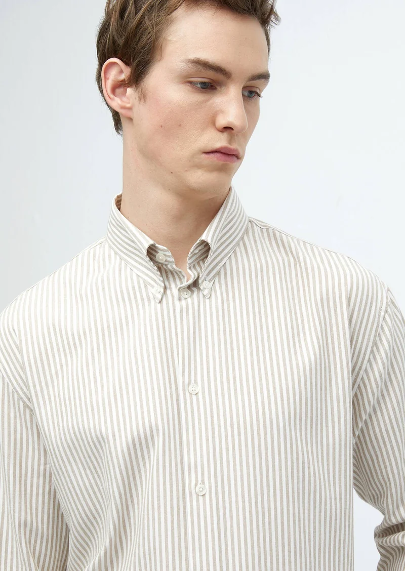 RAMSEY Buff Striped Loose Fit Long Weaving Casual Cotton Blended Shirt