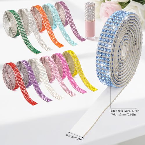 CRTWDMAN 12 Rolls Rhinestone Ribbon Self Adhesive,Mixed Color Bedazzling Kit,0.35" X12 Yard Total Rhinestone Tape for Gift Wrapping Wedding Decor DIY Crafts(12 Colors) - Image 2