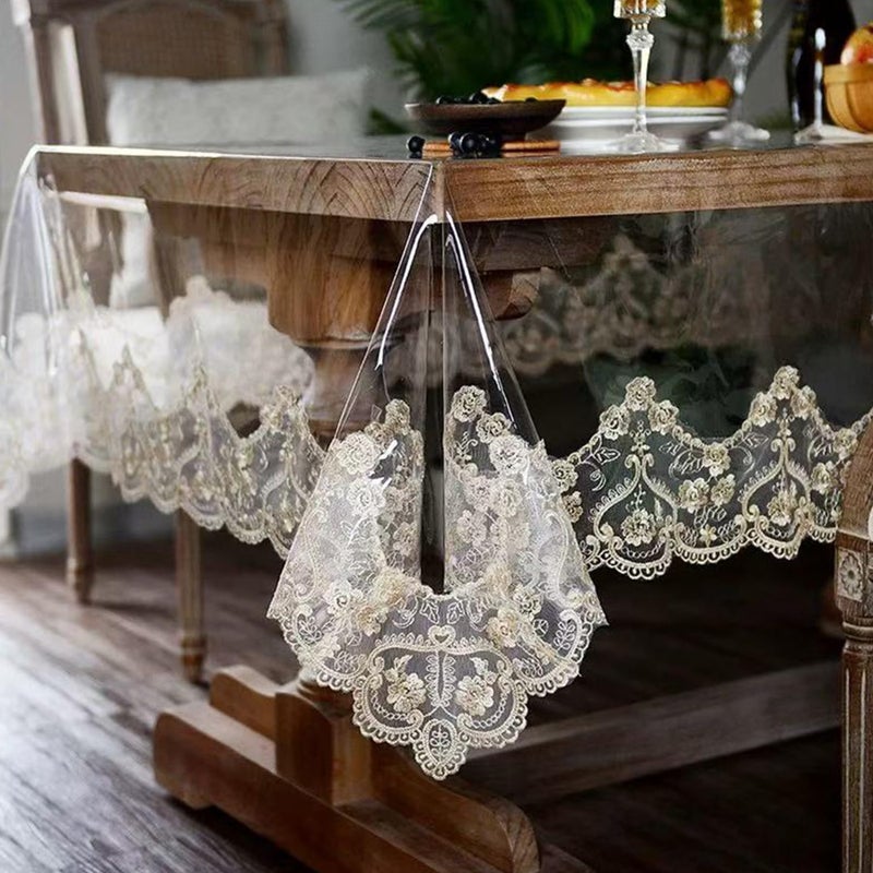 Jusmate Clear Vinyl Tablecloth Protector Transparent PVC Lace Border Plastic Waterproof OilProof Rectangle Table Cover for Kitchen Home Dining Holiday Decoration Champagne 52 x 70 Inch