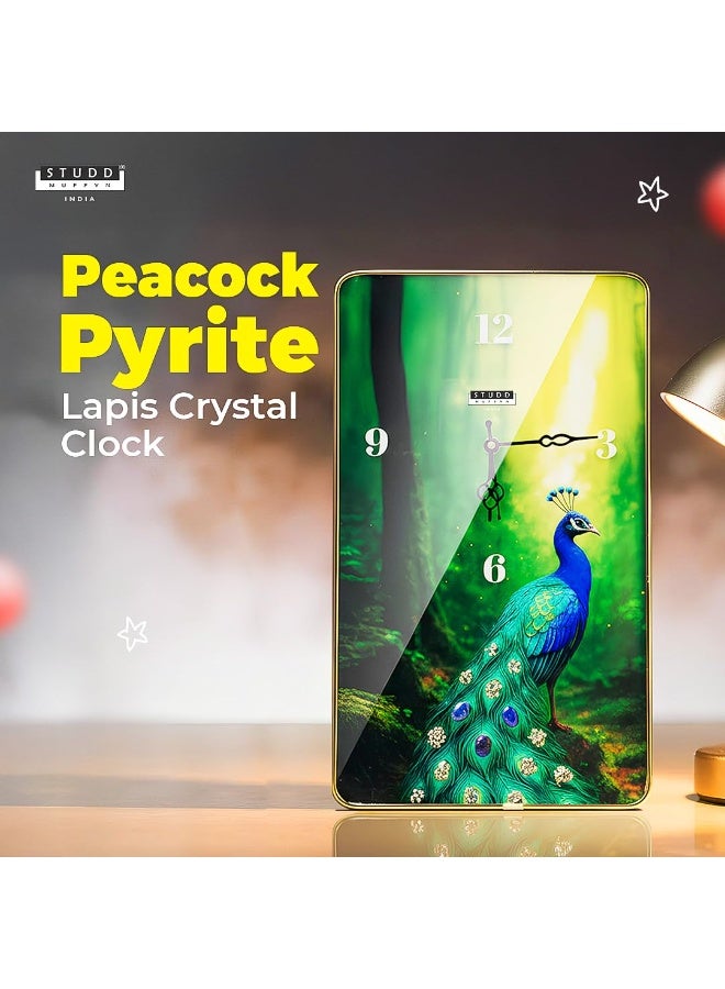 Studd Muffyn | Peacock Pyrite–Lapis Crystal Wall Clock for Home & Office | Luxury Vastu Decorative Wall Clock | Designer Wall Décor for Living Room Entrance | Premium Crystal Art Clock - Image 3