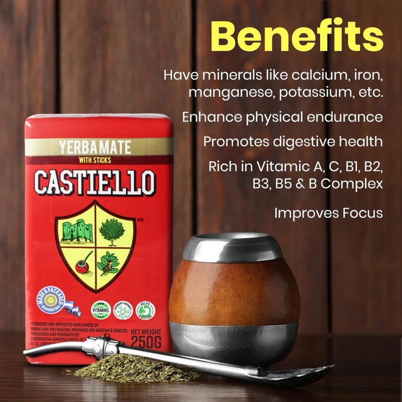 Yerba Mate كاستييلو ييربا ماتي 250 جرام مع أعواد مصنوعة في الأرجنتين - شاي عضوي معزز للطاقة، مشروب ساخن وبارد غني بمضادات الأكسدة، يدعم الهضم وإدارة الوزن - Image 5