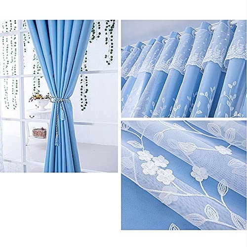 Amidoudou 1 Pair Double Layer Flower Curtains for Girls Room Living Room Pastoral Flowers and Leaf Embroidered Curtains for Bedroom (Blue,54x84 Inch) - Image 5