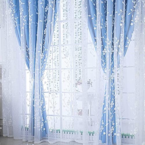 Amidoudou 1 Pair Double Layer Flower Curtains for Girls Room Living Room Pastoral Flowers and Leaf Embroidered Curtains for Bedroom (Blue,54x84 Inch) - Image 4