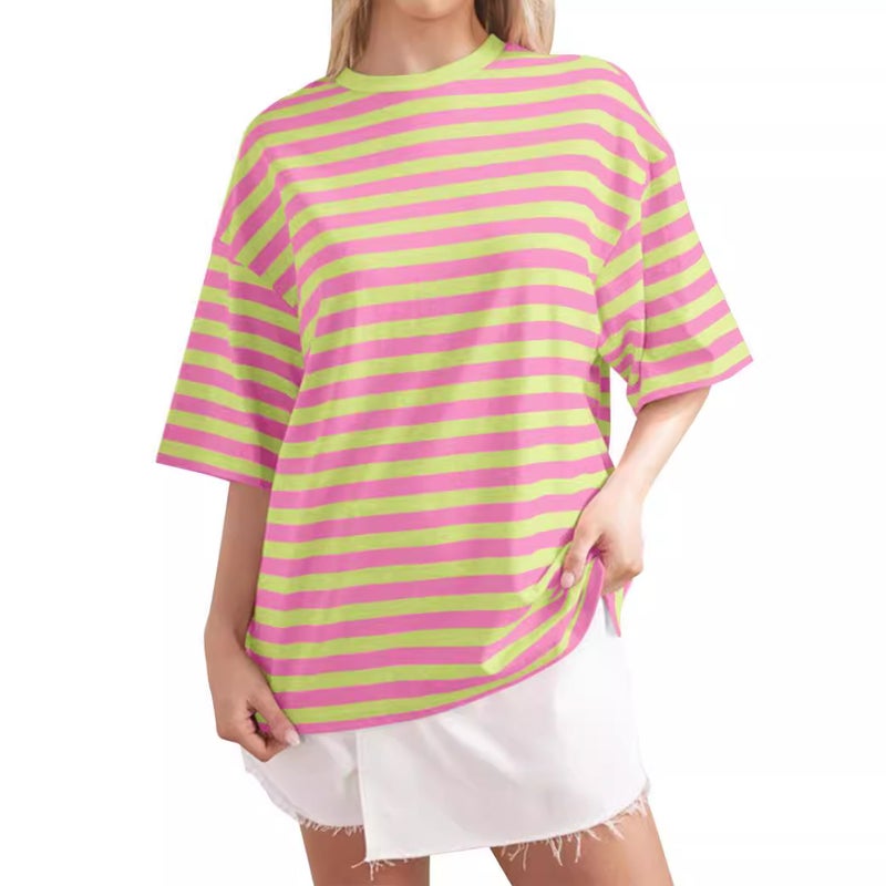 2024 Spring Simple Home Casual New Striped Pattern Round Neck Trendy Short Sleeve Pullover Color Matching T-Shirt - Image 2