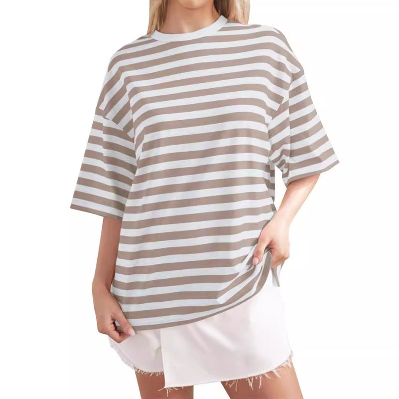 2024 Spring Simple Home Casual New Striped Pattern Round Neck Trendy Short Sleeve Pullover Color Matching T-Shirt - Image 4