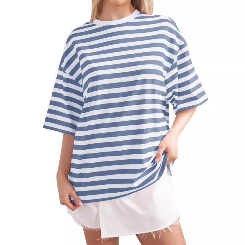 2024 Spring Simple Home Casual New Striped Pattern Round Neck Trendy Short Sleeve Pullover Color Matching T-Shirt - Image 5