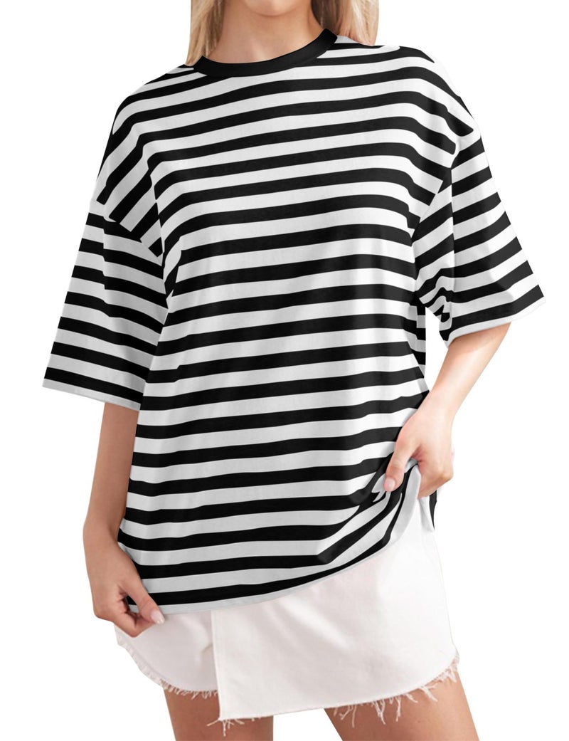 2024 Spring Simple Home Casual New Striped Pattern Round Neck Trendy Short Sleeve Pullover Color Matching T-Shirt - Image 1
