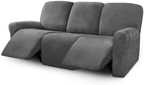 ULTICOR Velvet 8-Pieces Recliner Sofa Covers Stretch Reclining Couch Covers for 3 Cushion Reclining Sofa Slipcovers Furniture Covers Thick Soft Washable (3 Seater Recliner Cover, Dark Gray) - Image 1