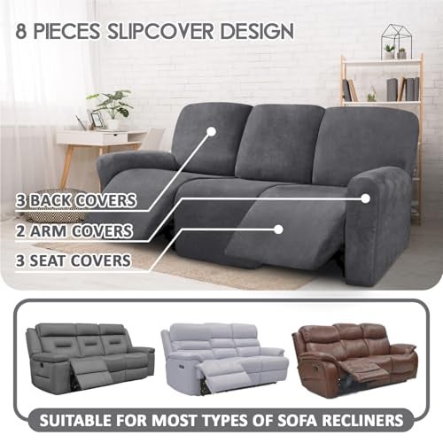 ULTICOR Velvet 8-Pieces Recliner Sofa Covers Stretch Reclining Couch Covers for 3 Cushion Reclining Sofa Slipcovers Furniture Covers Thick Soft Washable (3 Seater Recliner Cover, Dark Gray) - Image 2